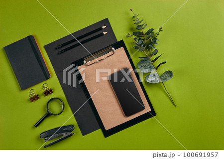 Top view in focus with different office equipment, supplies, stationery. Green background with copy space. Education, workplace concept. Close-up. Top view in focus with different office equipment, supplies, stationery. Green background with copy space. Education, workplace concept. Close-up. 100691957
