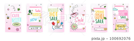 Spring sale stories design template set. Modern cute y2k banners for promo cards, 50% coupon backgrounds, social media discount posts. Vector pink illustration set. Spring sale stories design template set. Modern cute y2k banners for promo cards, 50% coupon backgrounds, social media discount posts. Vector pink illustration set. 100692076