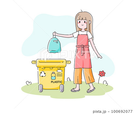 Young girl throws a trash bag into a waste bin. Cute cartoon illustration in asian modern style. Throwing plastic garbage into a trash can for plastic recycling. Vector concept on white background. Young girl throws a trash bag into a waste bin. Cute cartoon illustration in asian modern style. Throwing plastic garbage into a trash can for plastic recycling. Vector concept on white background. 100692077