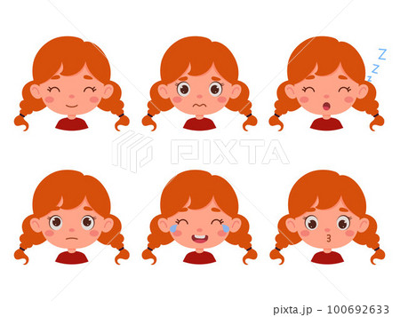 Cute cartoon little kid girl with red hair in various expressions and gesture. Cartoon child character showing different emotions. Vector illustration Cute cartoon little kid girl with red hair in various expressions and gesture. Cartoon child character showing different emotions. Vector illustration 100692633