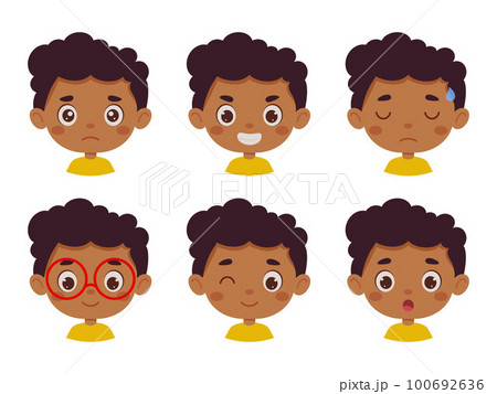 Cute cartoon little kid mulatto boy in various expressions and gesture. Cartoon child character showing different emotions. Vector illustration Cute cartoon little kid mulatto boy in various expressions and gesture. Cartoon child character showing different emotions. Vector illustration 100692636