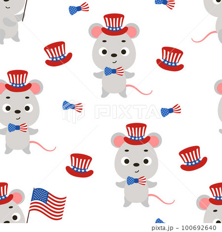 Cute little mouse in USA patriotic hat seamless childish pattern. Funny cartoon animal character for fabric, wrapping, textile, wallpaper, apparel. Vector illustration 100692640