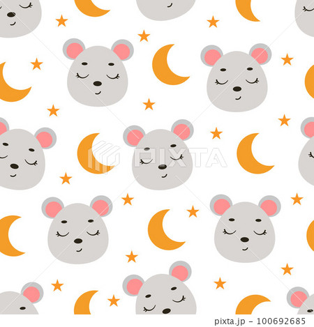 Cute little slipping mouse head seamless childish pattern. Funny cartoon animal character for fabric, wrapping, textile, wallpaper, apparel. Vector illustration 100692685