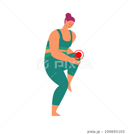Cartoon Color Character Person and Ache Pain Concept Flat Design Style. Vector illustration of Painful Symptom Leg or Knee 100693103