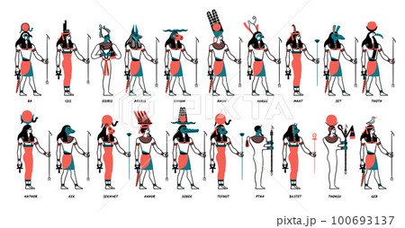 Cartoon Color Characters Egyptian Gods Set Concept Flat Design Style Include of Osiris, Ra and Horus. Vector illustration Cartoon Color Characters Egyptian Gods Set Concept Flat Design Style Include of Osiris, Ra and Horus. Vector illustration 100693137