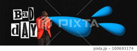 Contemporary art collage of crying man over dark background. Concept of bad start day, depression and personal crisis. 100693174