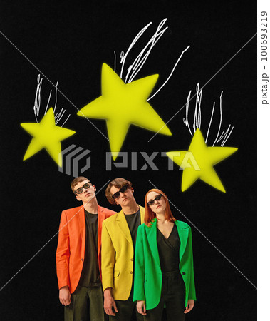 Contemporary art collage of people making wish, star falling on their head on dark mode background. Contemporary art collage of people making wish, star falling on their head on dark mode background. 100693219