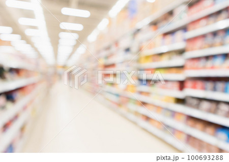 Abstract blur supermarket discount store aisle and product shelves interior defocused background Abstract blur supermarket discount store aisle and product shelves interior defocused background 100693288