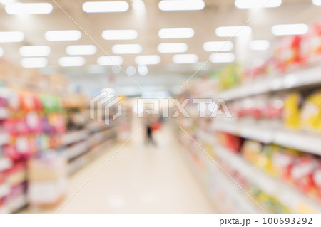 Abstract blur supermarket discount store aisle and product shelves interior defocused background Abstract blur supermarket discount store aisle and product shelves interior defocused background 100693292