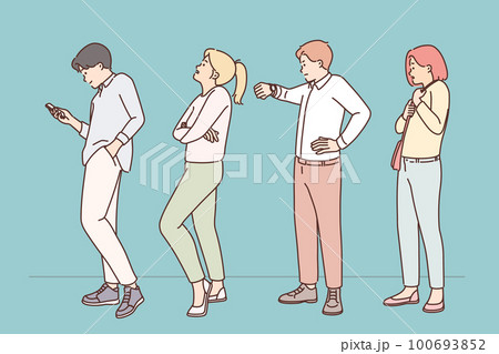 Stressed people wait in queue  100693852
