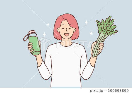 Smiling woman with fresh vegetables and juice  100693899