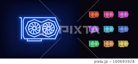 Outline neon gaming video card icon set. Glowing neon graphics card with two cooler fans, GPU device pictogram. Graphics processor for PC, device for crypto mining, computer hardware. 100693928