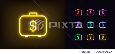 Outline neon money suitcase icon set. Glowing neon briefcase with dollar sign, investment portfolio pictogram. Money and fund management, business case, finance education. Outline neon money suitcase icon set. Glowing neon briefcase with dollar sign, investment portfolio pictogram. Money and fund management, business case, finance education. 100693932
