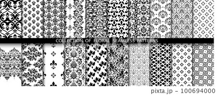 Geometric floral set of seamless patterns. White and black vector backgrounds. Damask graphic ornaments. 100694000
