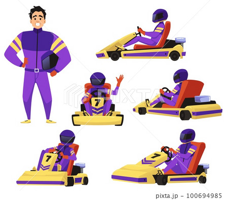 Speed racer or kart driver in and out of car, flat vector illustration isolated. Speed racer or kart driver in and out of car, flat vector illustration isolated. 100694985
