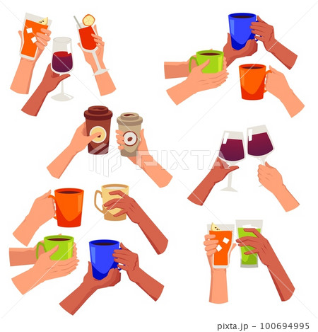 Hands clicking with hot, alcoholic and cold drinks, vector illustration isolated. 100694995
