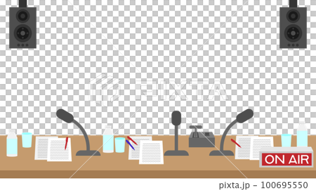 Illustration of a radio booth with three microphones Illustration of a radio booth with three microphones 100695550