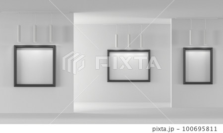 3D Empty gallery with blank picture frames on walls and pendant ceiling spotlights. Realistic interior of museum or artwork exhibition with white posters in black borders and lamps. 3D illustration 3D Empty gallery with blank picture frames on walls and pendant ceiling spotlights. Realistic interior of museum or artwork exhibition with white posters in black borders and lamps. 3D illustration 100695811