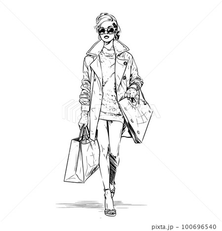 Beautiful woman in sunglasses walking with packages in her hands. Beautiful woman in sunglasses walking with packages in her hands. 100696540