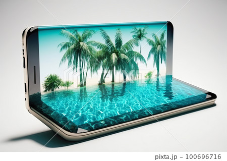 Palm trees and the sea, a seaside resort with turquoise seawater pool on the smartphone screen. Online booking and purchase of tours and travel. Palm trees and the sea, a seaside resort with turquoise seawater pool on the smartphone screen. Online booking and purchase of tours and travel. 100696716