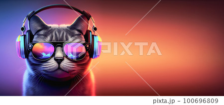 a cool cat with glasses and a microphone and headphones sings songs and listens to music on neon orange blue background copy space a cool cat with glasses and a microphone and headphones sings songs and listens to music on neon orange blue background copy space 100696809
