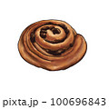 Sweet bun with raisin, freshly baked french bread homemade roll, puff pastry buns. pain aux raisins hand drawn watercolor illustration 100696843