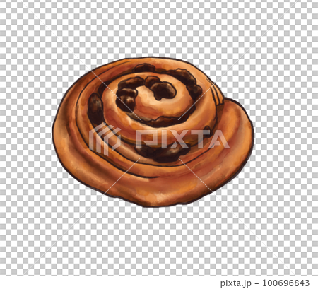Sweet bun with raisin, freshly baked french bread homemade roll, puff pastry buns. pain aux raisins hand drawn watercolor illustration 100696843