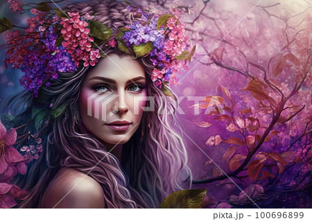 A portrait of a beautiful young woman with a wreath of flowers on her head symbolizes the onset of spring, a pink -lilac palette of coloristics. 100696899