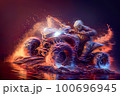 Racing driver on an ATV charging through a blazing inferno of flames, mud, and water. Vibrant intense image is designed to create an exciting and thrilling scene viewers, with purple and red colors . 100696945