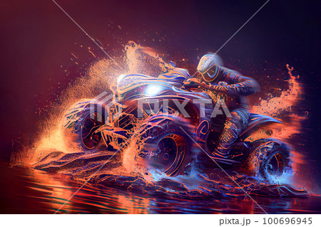 Racing driver on an ATV charging through a blazing inferno of flames, mud, and water. Vibrant intense image is designed to create an exciting and thrilling scene viewers, with purple and red colors . Racing driver on an ATV charging through a blazing inferno of flames, mud, and water. Vibrant intense image is designed to create an exciting and thrilling scene viewers, with purple and red colors . 100696945