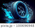 Beautiful tire with aluminum alloy wheel on neon background. The wheel demonstrates safe and efficient driving and driving driving on a wet track and attractive car design. 100696948