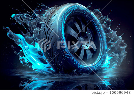 Beautiful tire with aluminum alloy wheel on neon background. The wheel demonstrates safe and efficient driving and driving driving on a wet track and attractive car design. Beautiful tire with aluminum alloy wheel on neon background. The wheel demonstrates safe and efficient driving and driving driving on a wet track and attractive car design. 100696948