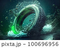 Summer eco tire on a neon green background with water splash art. It's an auto component designed for eco-friendly transport 100696956