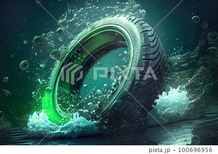 Summer eco tire on a neon green background with water splash art. It's an auto component designed for eco-friendly transport 100696956