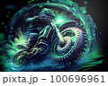 Motorcycle racer riding a green motorcycle through the mud, with splashes of water and mud creating a dramatic and dynamic scene. image captures intensity and excitement of off-road motorcycle racing. 100696961