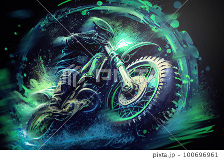 Motorcycle racer riding a green motorcycle through the mud, with splashes of water and mud creating a dramatic and dynamic scene. image captures intensity and excitement of off-road motorcycle racing. 100696961
