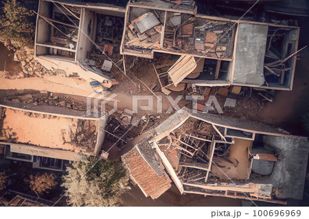 A destroyed building without a roof, as a result of an earthquake in Turkey or the war in Ukraine, the consequences of firing rockets or artillery. A destroyed building without a roof, as a result of an earthquake in Turkey or the war in Ukraine, the consequences of firing rockets or artillery. 100696969