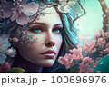 Portrait beautiful woman with green eyes and aquamarine hair framed by colorful flowers. A woman symbolizes the feminine principle in nature, powner of female beauty and the spring renewal of nature. 100696976