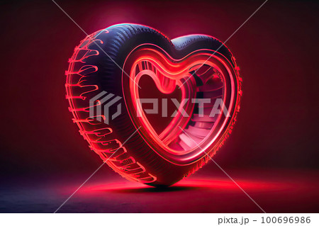 A car tire in the shape of a red glowing heart. A concept about love and passion for cars and auto tuning. 100696986