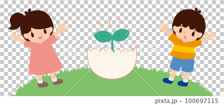 成長した若葉に喜ぶ男の子と女の子 成長した若葉に喜ぶ男の子と女の子 100697115