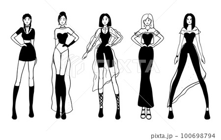 Set of women dressed in stylish trendy clothes. Stylish fashion models. Fashion girls sketch. Set of women dressed in stylish trendy clothes. Stylish fashion models. Fashion girls sketch. 100698794