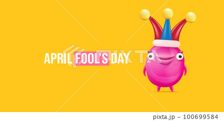 April Fools day funky horizontal banner with silly pink clown monster character isolated on orange background. 1 st april fool day banner, poster, label, flyer and greeting card. Fool day print 100699584