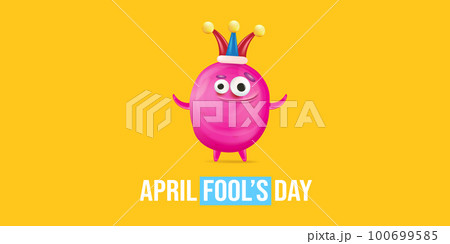 April Fools day funky horizontal banner with silly pink clown monster character isolated on orange background. 1 st april fool day banner, poster, label, flyer and greeting card. Fool day print 100699585