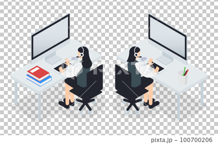 カスタマーサポート（女性）のアイソメトリックイラスト 100700206