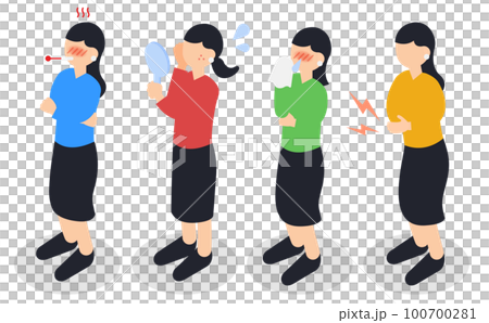 Full body female illustration set of symptoms / poor physical condition [Isometric] 100700281