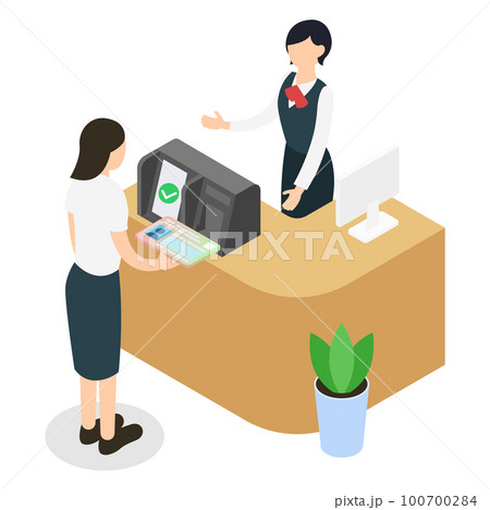 窓口・受付でマイナンバーを使って本人確認する女性とスタッフのアイソメトリックイラスト 100700284