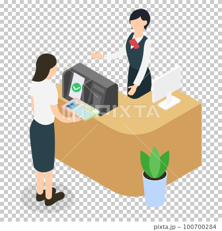 窓口・受付でマイナンバーを使って本人確認する女性とスタッフのアイソメトリックイラスト 100700284