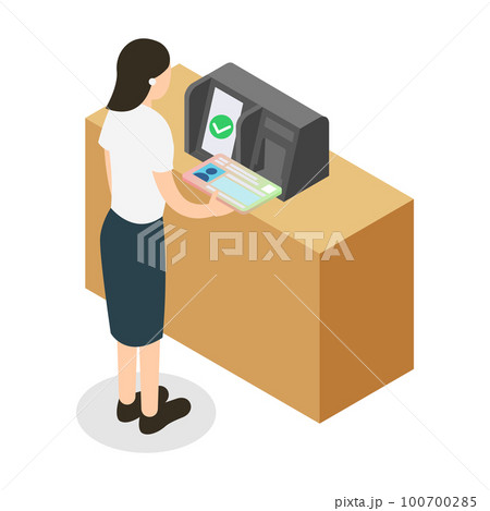 窓口・受付でマイナンバーを使って本人確認する女性のアイソメトリックイラスト 100700285