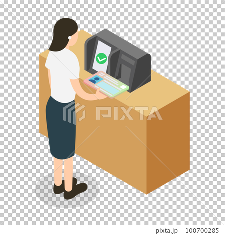 窓口・受付でマイナンバーを使って本人確認する女性のアイソメトリックイラスト 100700285