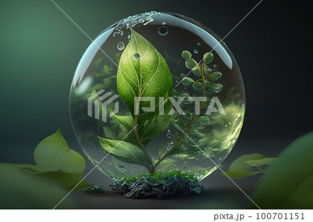 Green natural leaves in a water glass globe. World Earth day or Water day concept. Generative AI 100701151